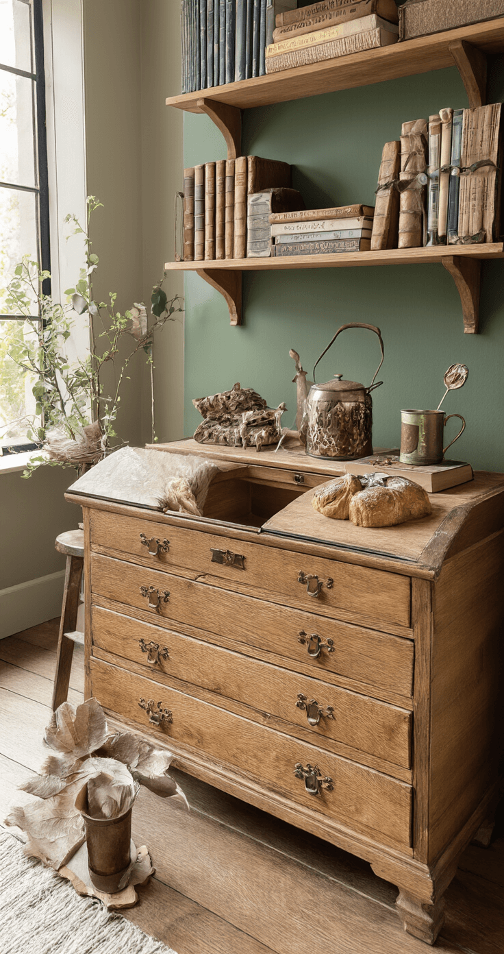 Intieme studeerhoek met eiken bureau, gegraveerde mok, chocolade met persoonlijke boodschap, zachte lampen en vintage details tegen een donkergroen muuraccent in warme avondlicht.