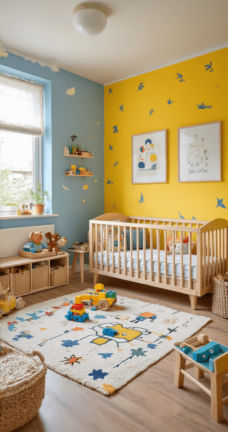 Een kleurrijke Nederlandse kinderkamer met zachte vloerkleden, houten speelgoedkisten en uitgestalde Duplo sets. Knutselmateriaal is georganiseerd in vrolijke wandkleuren geel en blauw met natuurlijk middaglicht. Speelse meubels en opbergmanden zorgen voor een veilige en overzichtelijke omgeving vol educatief speelgoed en creatieve chaos.