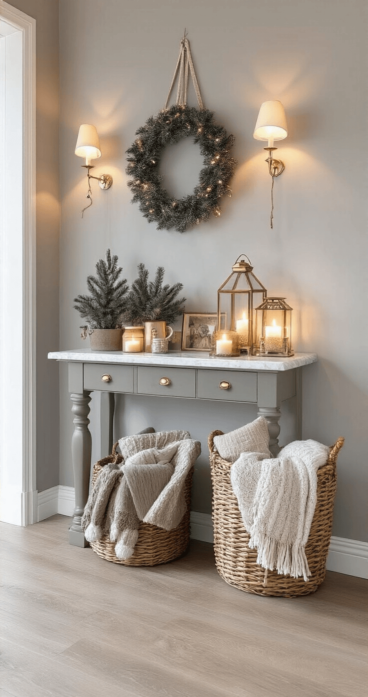 Elegante Nederlandse gang met marmeren console tafel, gezellige sokken in een mand, mini geurkaarsen en grappige sleutelhangers. Warme grijze muren en een gouden spiegellijst creëren een luxe uitstraling. Avondverlichting en een glanzende parketvloer benadrukken de verfijnde eenvoud en symmetrische opstelling.