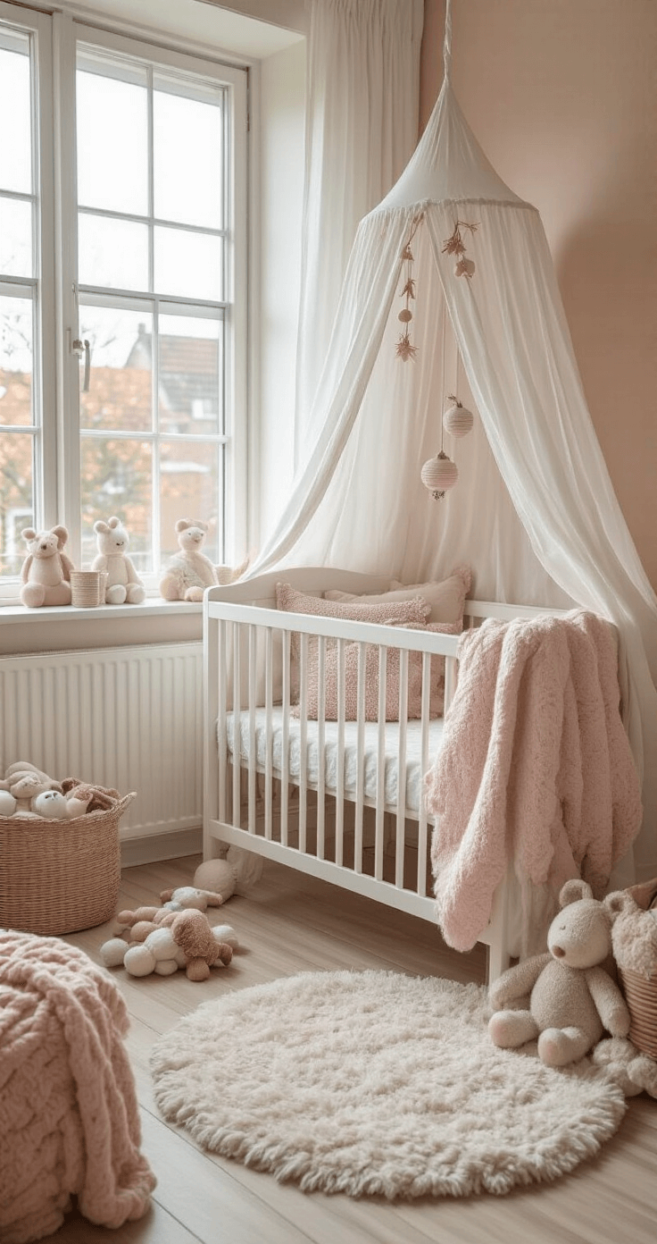 Gezellige babykamer met eerste kerstcadeaus, witte ledikantje, muziek mobiel, knisperboekjes, pastel tinten roze en mint, ochtendlicht door gordijnen, fluffy vloerkleed en speelgoedkist in een veilige, tedere en liefdevol ingerichte ruimte.