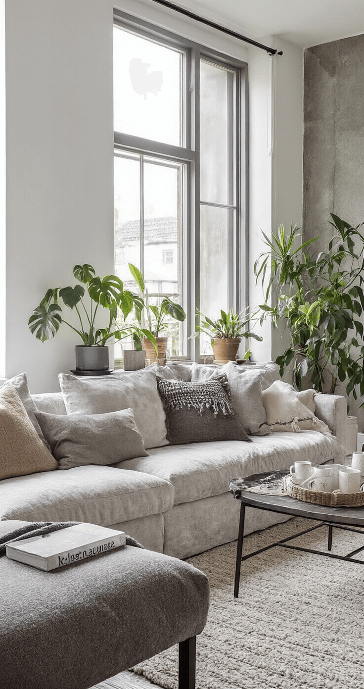 Stijlvolle Nederlandse woonkamer met een moderne salontafel, een gepersonaliseerde wellness set, en trendy planten, gefotografeerd vanuit een diagonaal perspectief, met industriële accenten en natuurlijk daglicht op een betonnen muur.