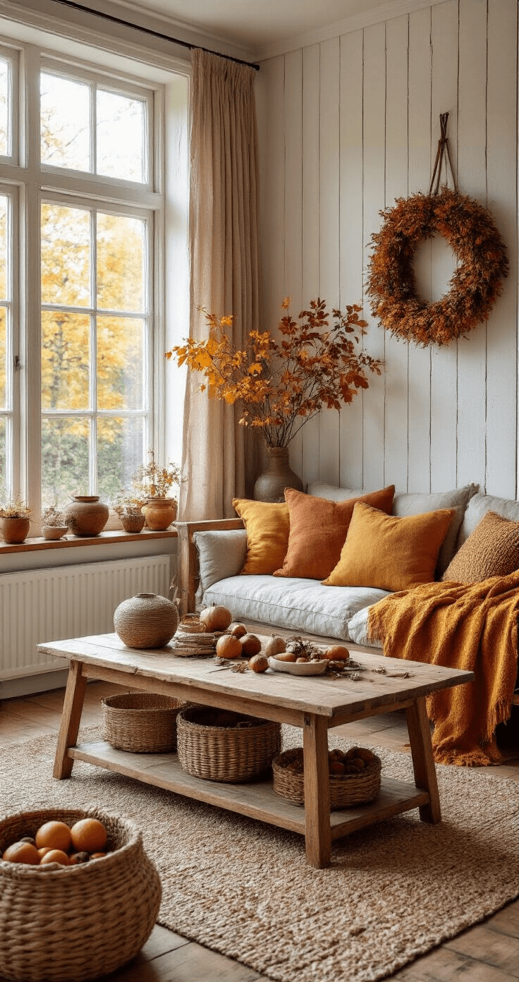 Gezellige Nederlandse woonkamer met handgemaakte herfstdecoraties, gevuld met warm licht, een houten salontafel vol knutselmaterialen en een zachte bank met wollen plaids. Achtergrond met een herfstkrans aan de wand en rieten manden vol natuurmaterialen.