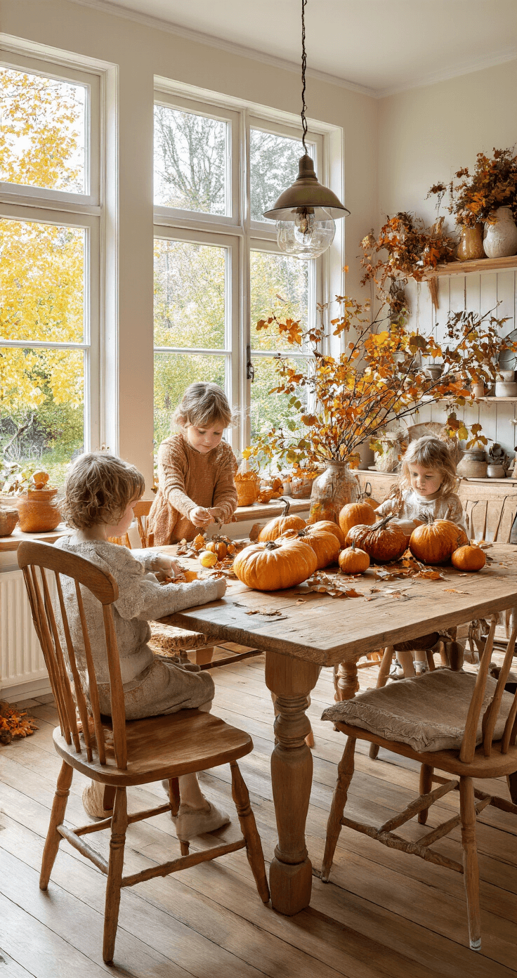 Lichte Nederlandse eetkamer met een grote houten eettafel vol pompoenen en knutselspullen. Kinderen maken bladeren-dieren. Stoelen van natuurlijk hout met linnen kussens in herfstkleuren, grote ramen die de herfsttuin tonen in zacht ochtendlicht. Wandplanken met glazen potten vol eikels en kastanjes. Warme herfsttinten overheersen.