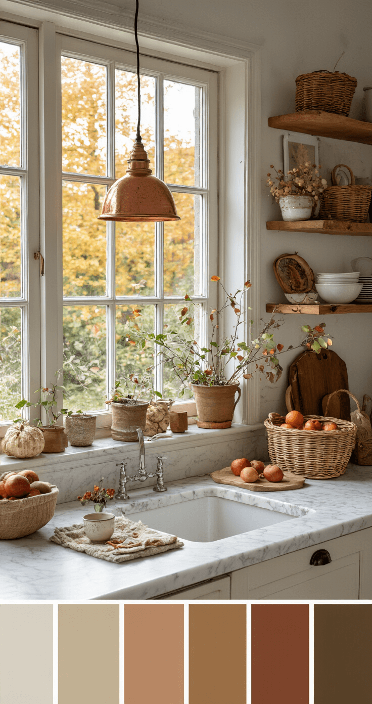 Scandinavische keuken met wit marmeren aanrecht vol herfstknutselprojecten, houten planken met vintage fotocollages, rieten manden vol dennenappels en kastanjes, en warme koperen lampen.