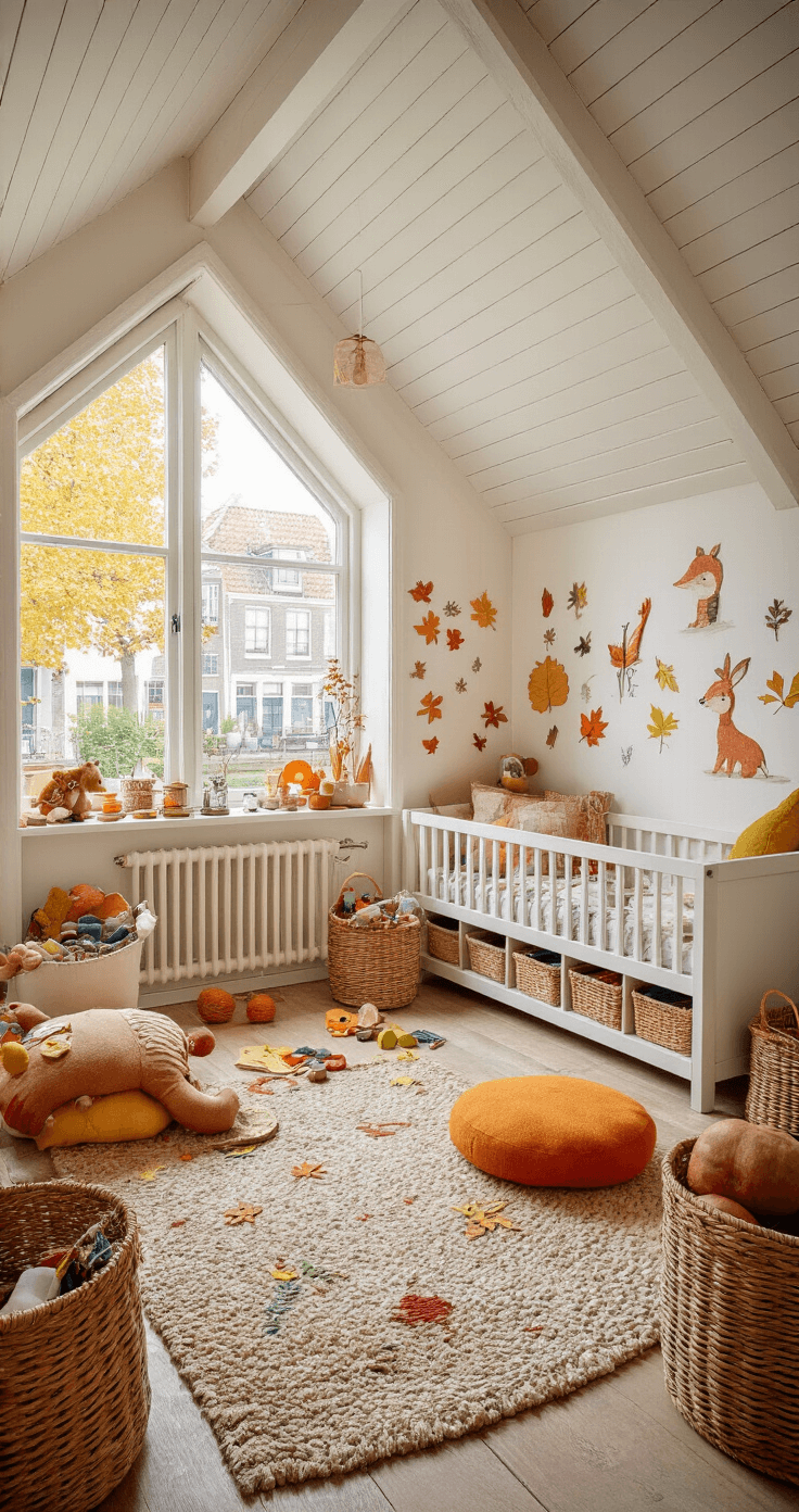 Kinderkamer in een grachtenpand met herfstkunstwerken, een wit houten bureau vol knutselmaterialen onder schuine dakramen, zelfgemaakte bladeren-dieren aan de muren, warme okertinten op de vloer, rieten manden met natuurlijke schatten en vrolijke herfstkleuren, gevangen in zacht middaglicht.