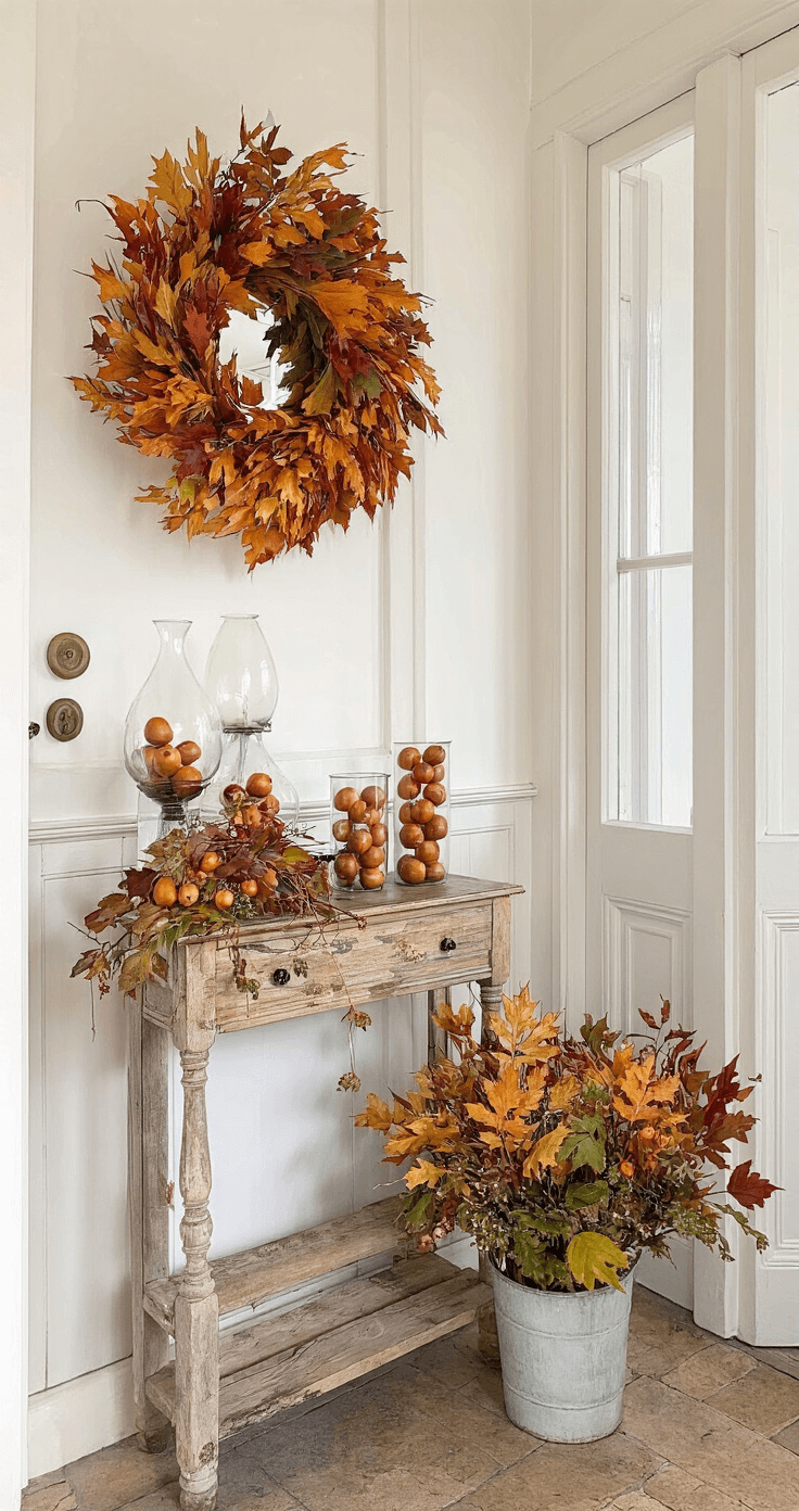 Elegante Nederlandse hal met handgemaakte herfstkrans in warme kleuren, witte voordeur, natuurstenen vloer, sidetable met glazen vazen vol dennenappels, vintage spiegel reflecteert herfstlicht, subtiele kleurenpalet met cremewit en hout, dramatische schaduwen.
