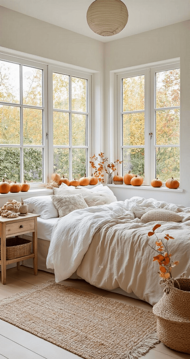 Lichte slaapkamer met herfstdecoraties, wit linnen beddengoed, handgemaakte herfstslingers, houten nachtkastjes met pastel pompoenen, rieten manden met gedroogde bladeren, grote ramen met uitzicht op een herfsttuin, zachte kleuren in ochtendlicht.
