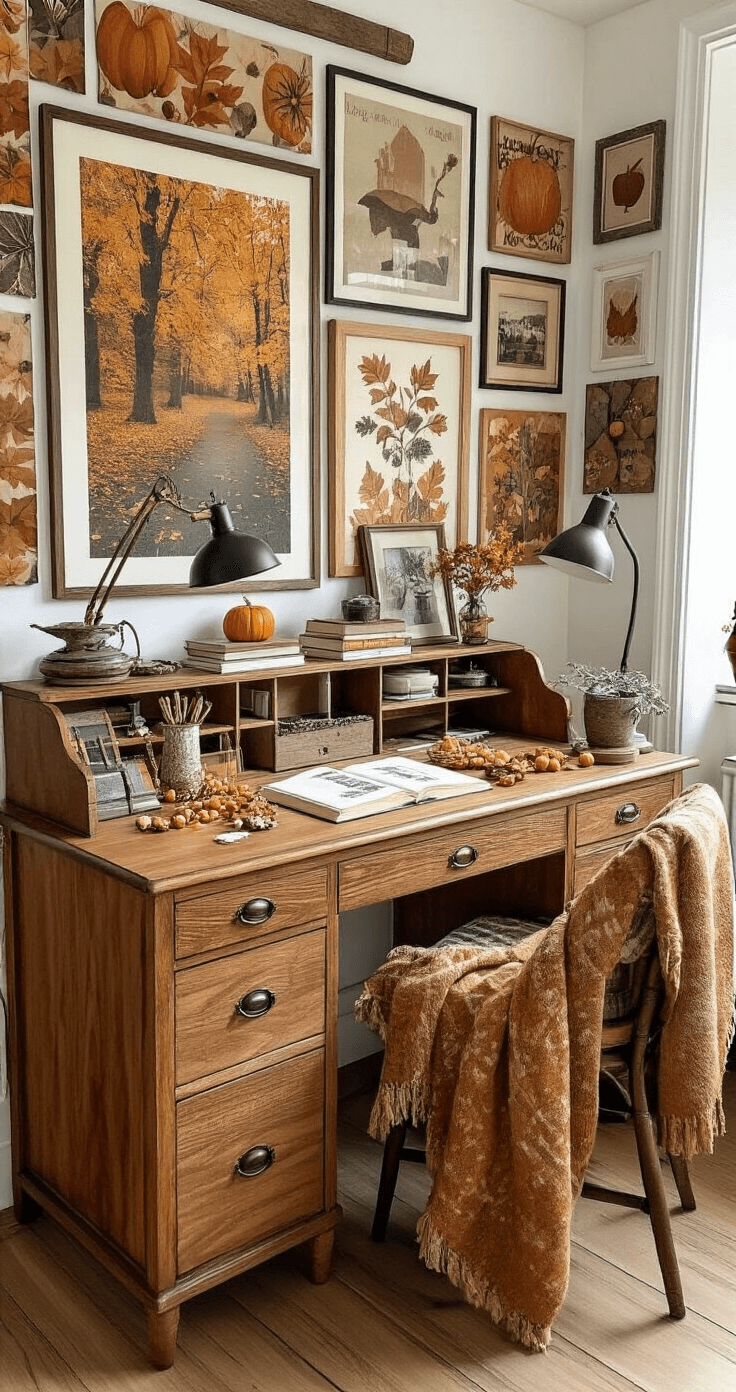 Een gezellige Nederlandse studeerkamer met herfstfotocollages aan de muur, een massief eiken bureau vol herfstmaterialen, boekenplanken met kleine decoraties en een warm leeslampje, allemaal in diepe herfstkleuren en verschillende texturen.