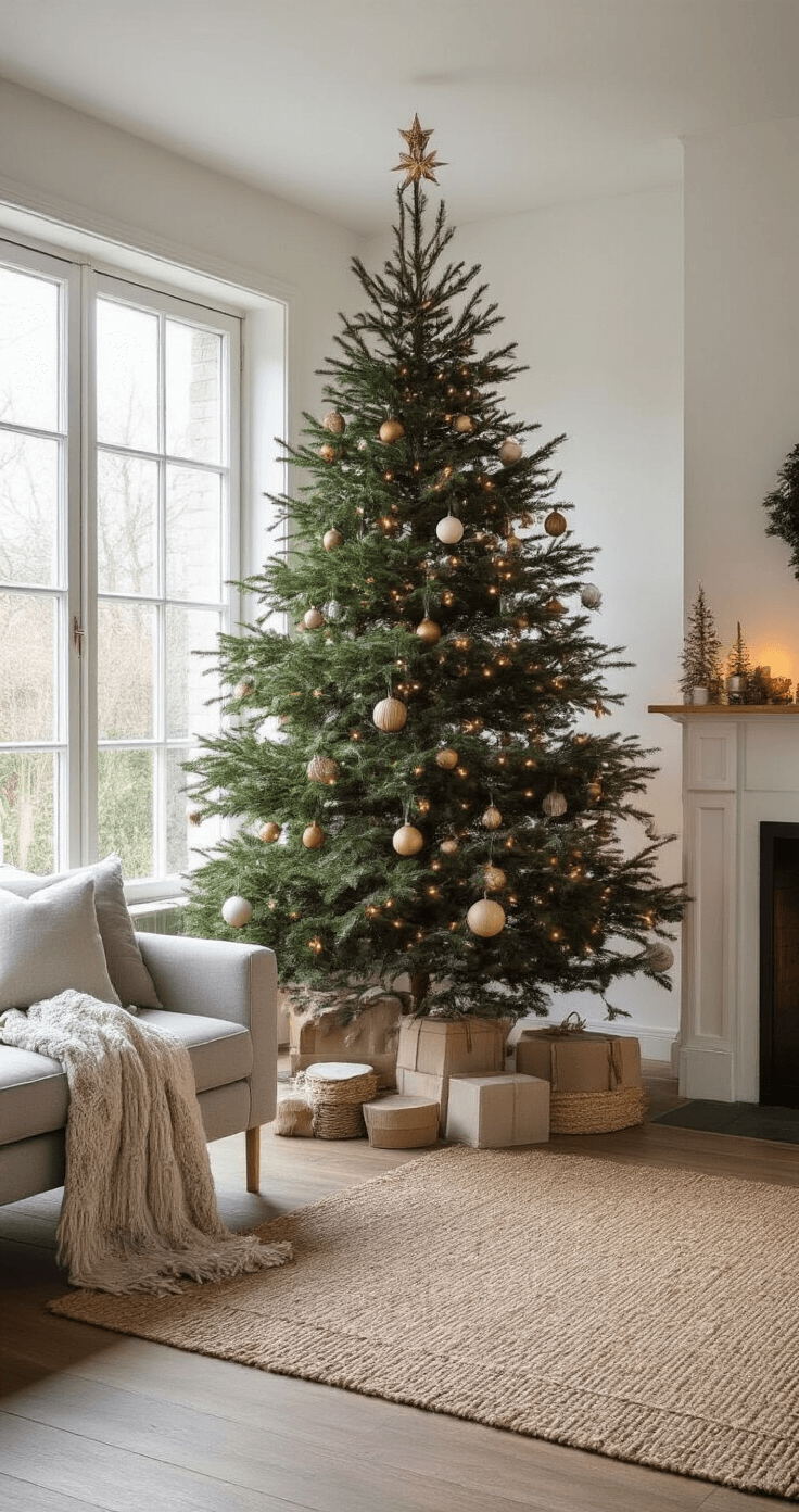 Amazon.nl linkjes om toe te voegen: Moderne Nederlandse woonkamer met een handgemaakte houten kerstboom, Scandinavische meubels in wit en grijs, en grote ramen die natuurlijk daglicht binnenlaten, ingericht voor een gezellige wintersfeer.
