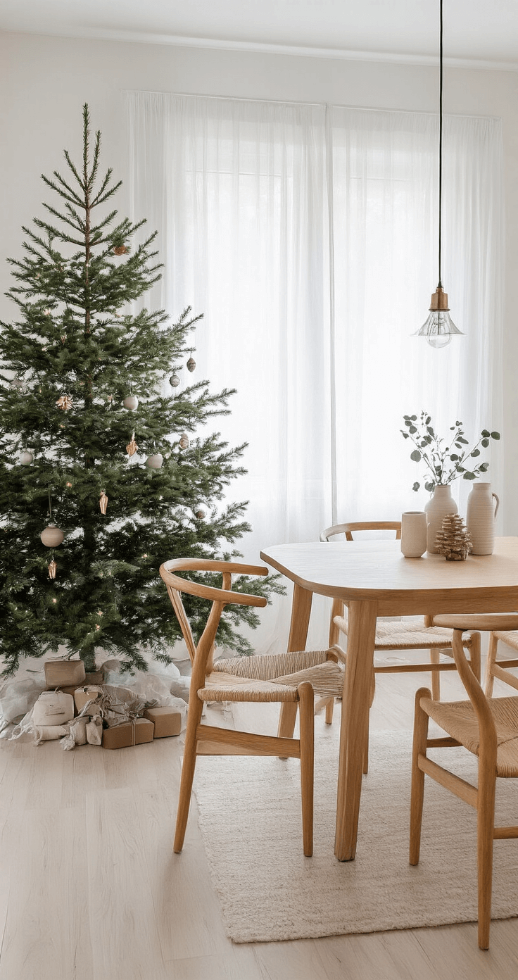 Amazon.nl linkjes om toe te voegen: Lichte eetkamer met DIY kerstboom van gezaagde houten planken, ochtendlicht door sheer gordijnen, ovale eiken tafel met Scandinavische stoelen en keramische vazen met eucalyptus, minimalistisch design en natuurlijke materialen.