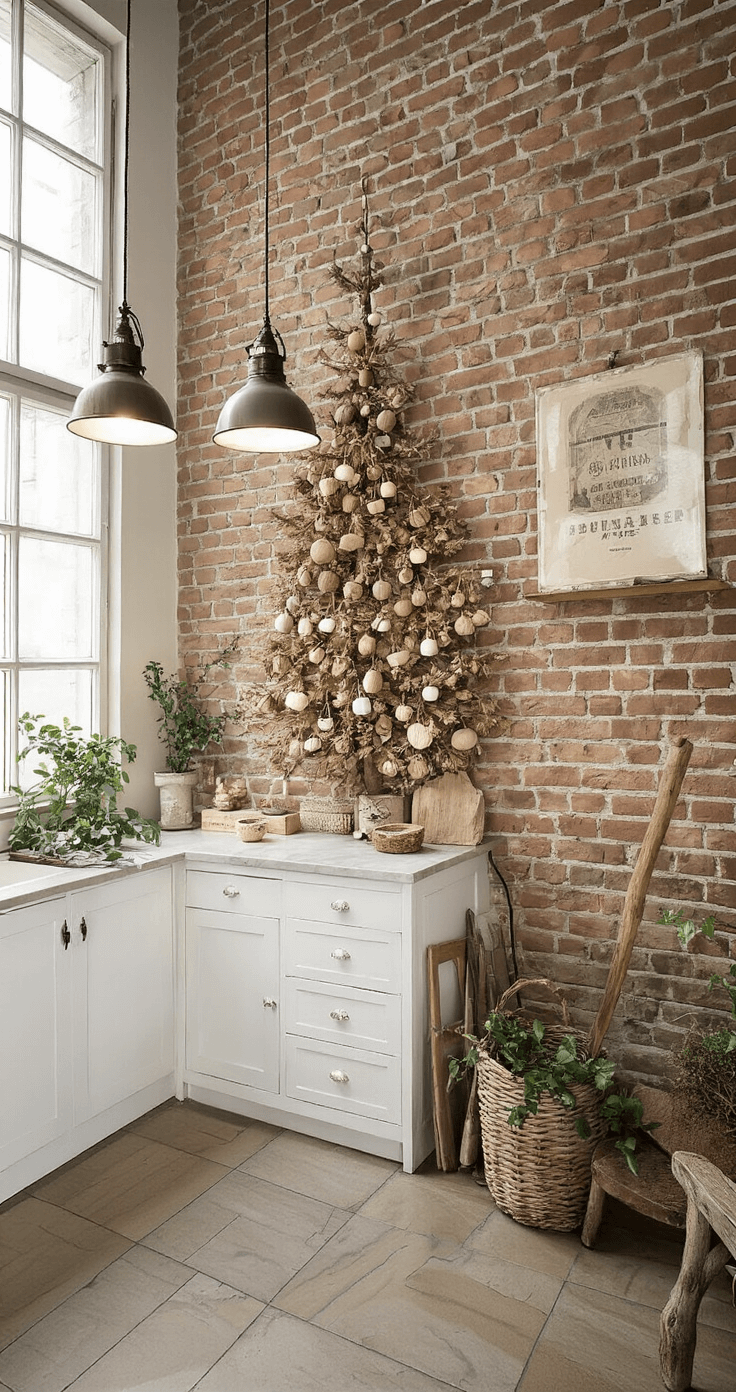 Amazon.nl linkjes om toe te voegen: Een sfeervolle Nederlandse keuken met een alternatieve kerstboom gemaakt van drijfhout, witte kastjes en een marmeren werkblad. Vintage krukken en industriële hanglampen creëren een warme ambiance, terwijl groene plantjes de ruimte opfleuren. De handgemaakte boom staat tegen een bakstenen muur, omringd door natuurlijke texturen en warme houtskleuren, alles weergegeven vanuit een schuin perspectief.