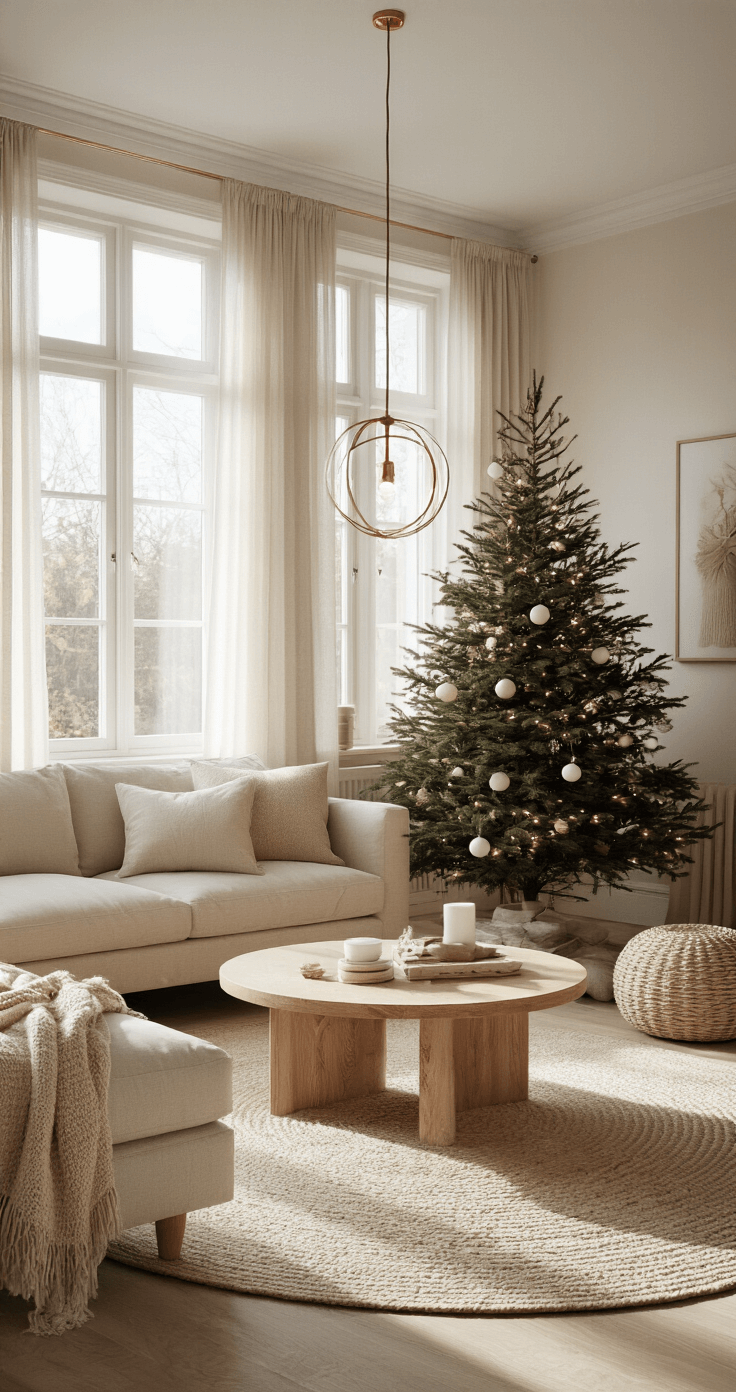 De Ultieme Gids voor een Stijlvolle Houten Kerstboom: Duurzaam en Modern Design Een lichte Scandinavische woonkamer met hoge plafonds en grote ramen, waar de ochtendzon door sheer gordijnen schijnt op een medium houten kerstboom en een ronde eiken salontafel, versierd met koperen LED-verlichting en witte kerstballen in neutrale kleuren.