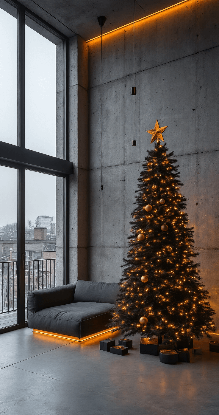 De Ultieme Gids voor een Stijlvolle Houten Kerstboom: Duurzaam en Modern Design Moderne woonkamer met betonnen muren en industriële elementen, een grote zwarte houten kerstboom naast een antracieten bank, versierd met geometrische ornamenten in goud en koper, warme LED-strips en avondlicht door grote ramen, met een dramatisch lage hoek en contrasterende kleuren grijs, zwart en gouden accenten.