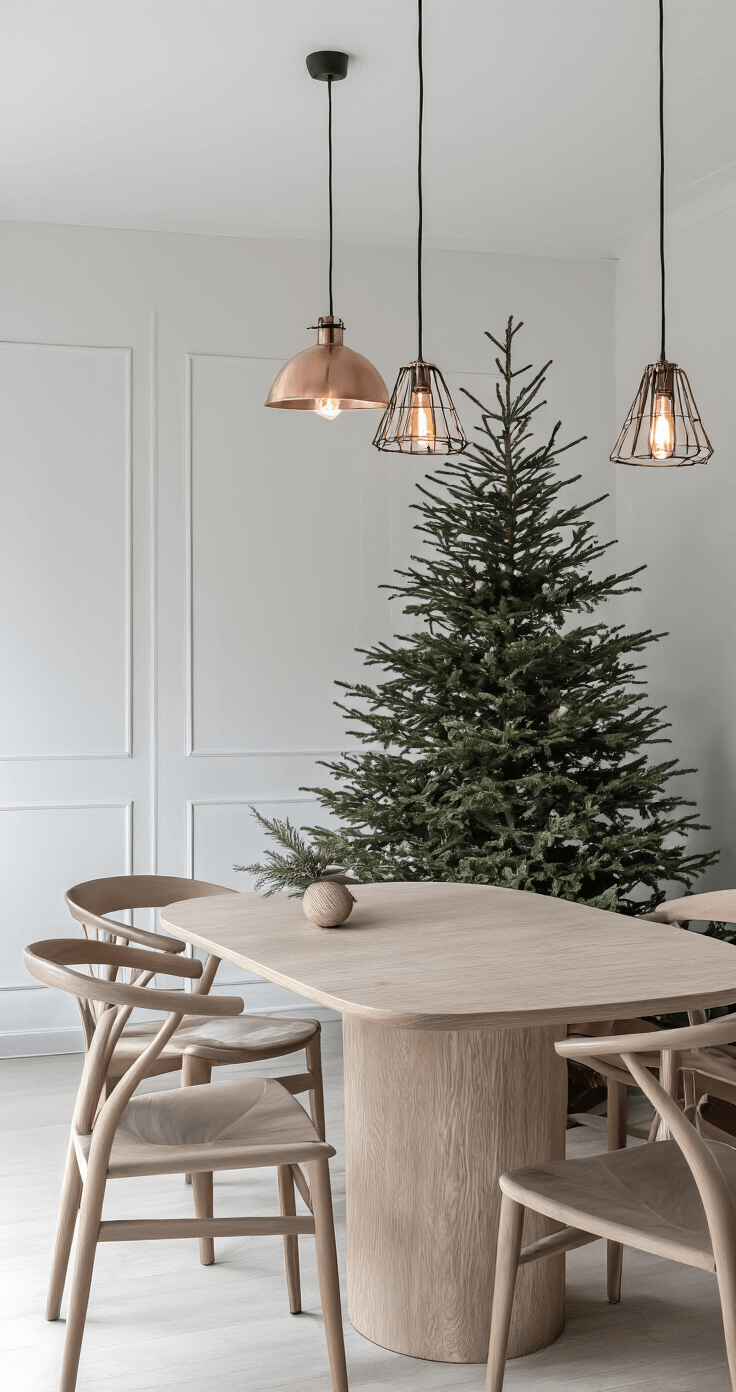De Ultieme Gids voor een Stijlvolle Houten Kerstboom: Duurzaam en Modern Design Moderne eetkamer met een strakke design eettafel en een grote natuurlijke houten kerstboom, minimalistisch gedecoreerd met koperdraad verlichting en matte zwarte ballen, gefotografeerd vanuit de keuken met een focus op symmetrie en clean lines.