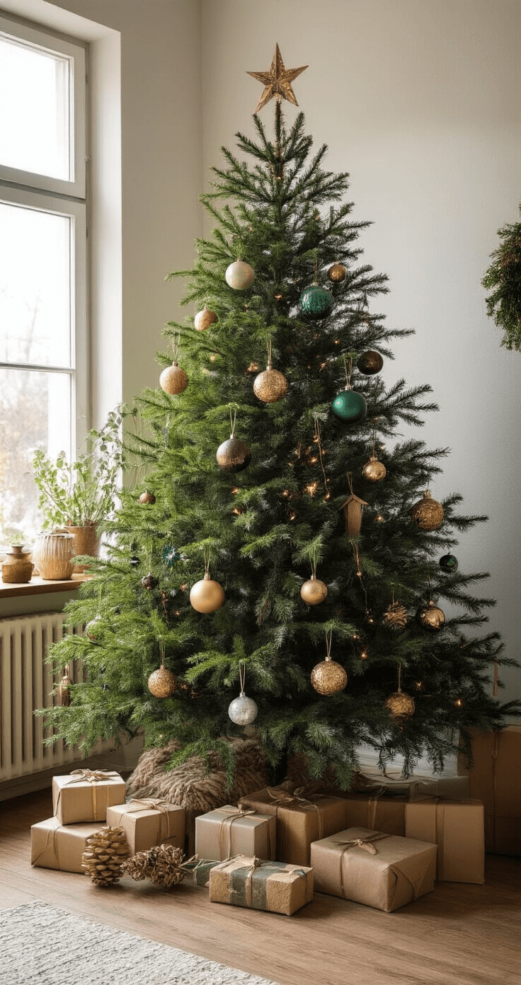De Ultieme Gids voor een Stijlvolle Houten Kerstboom: Duurzaam en Modern Design Eclectisch interieur met een medium houten kerstboom versierd met vintage en moderne ornamenten, onder zachte schemerlamp verlichting in rijke kleuren zoals smaragdgroen en goud.