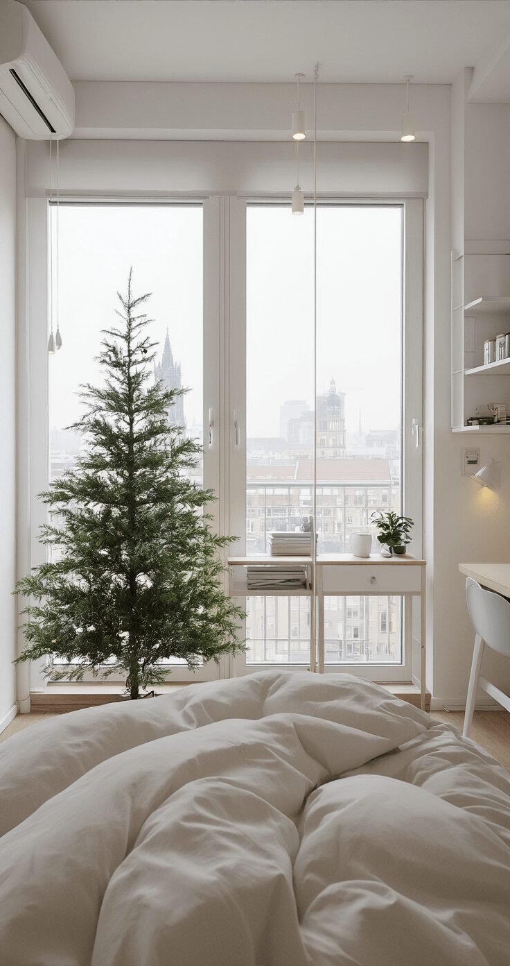 De Ultieme Gids voor een Stijlvolle Houten Kerstboom: Duurzaam en Modern Design Klein studio appartement met slimme ruimtebenutting, featuring een kleine houten kerstboom op de vensterbank met stadsuitzicht, compacte inrichting met opklapbare tafel en multifunctionele meubels, warme LED-verlichting die in het raam reflecteert, en een sfeer van gezellige intimiteit.