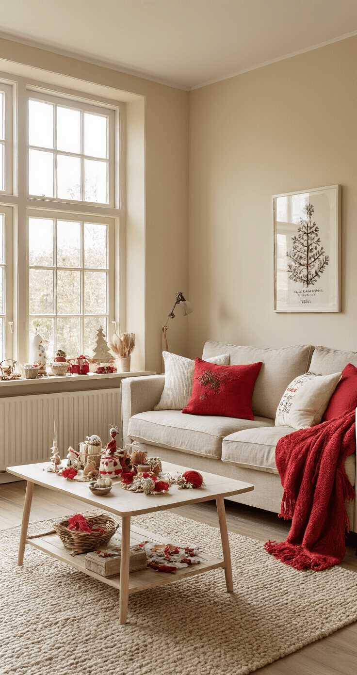 Kerst Snoep Knutselen: Maak Magische Decoraties met een Zoete Twist! Warme woonkamer met kerstdecoratie, comfortabel beige bank met rode en witte kussens, kleurrijk knutselmateriaal op salontafel, zelfgemaakte snoepdecoraties, zachte middagochtend licht door grote ramen, gezellige atmosfeer in warme houttinten en crème muren.