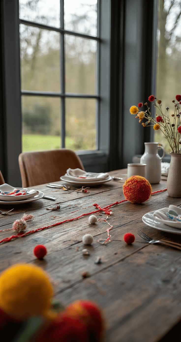 Kerst Snoep Knutselen: Maak Magische Decoraties met een Zoete Twist! Close-up van een donkere houten eettafel in helder daglicht, bedekt met knutselmaterialen zoals rode en witte chenilledraad, kleine scharen en lijmstiften, met half gemaakte zuurstokdecoraties. Moderne stoelen omringen de tafel, op een neutrale achtergrond, in een creatieve werkruimte sfeer.