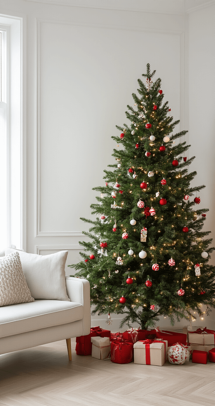 Kerst Snoep Knutselen: Maak Magische Decoraties met een Zoete Twist! Moderne woonkamer met een groene kerstboom versierd met zelfgemaakte papieren snoepjes en rode en witte decoraties, onder avondlicht met warme lampen. Minimalistisch meubilair op parketvloer, sfeervolle en elegante uitstraling.