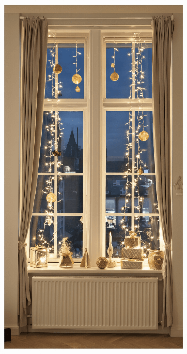 Kerst Snoep Knutselen: Maak Magische Decoraties met een Zoete Twist! Grote ramen in een woonkamer met zelfgemaakte snoepdecoraties en feestelijke linten, verlicht door het gouden uur licht, met dramatische schaduwen en een warme kerstsfeer.