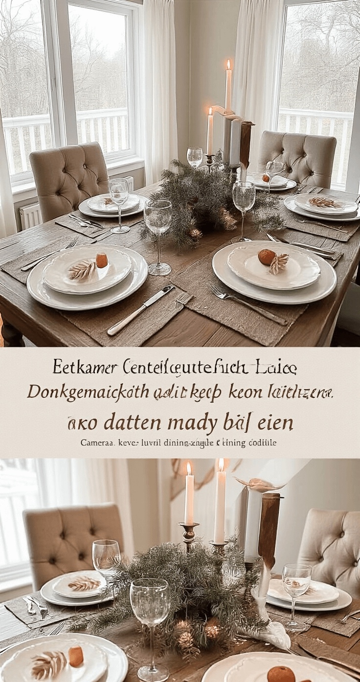 Kerst Snoep Knutselen: Maak Magische Decoraties met een Zoete Twist! Elegante eetkamer met een donkere eiken tafel als middelpunt, versierd met zelfgemaakte snoepdecoraties en kerstbelletjes. Moderne stoelen en stijlvolle placemats creëren een luxe sfeer in het natuurlijke middaglicht.