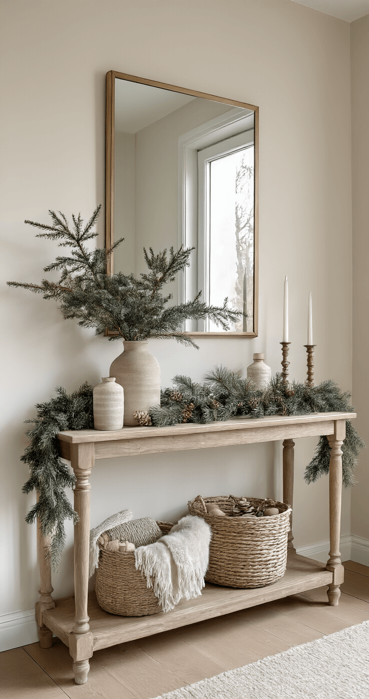 Kerst Snoep Knutselen: Maak Magische Decoraties met een Zoete Twist! Entryway met kerstdecoratie in zachte neutrale kleuren, console tafel met zelfgemaakte decoraties, spiegel erboven, ochtendlicht door voordeur, symmetrische compositie en moderne styling voor een welkomende sfeer.