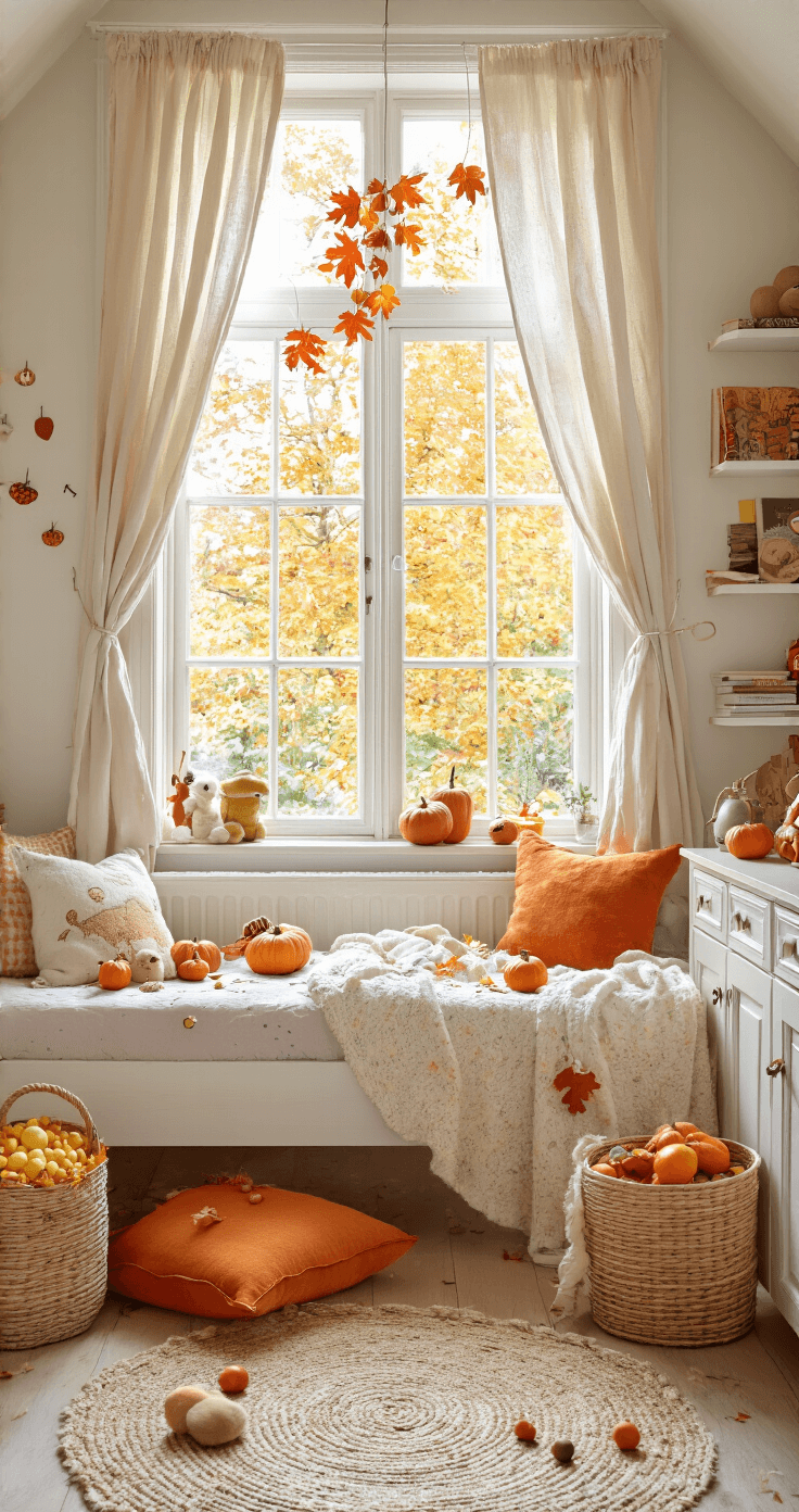 Speelse kinderkamer tijdens herfst-knutselmiddag, met dennenappel-diertjes en gekleurde kralen op een wit houten bureau, kleine handjes werken met een lijmpistool, warme middagzon door linnen gordijnen, gezellige leeshoek met oranje fluwelen kussen en boekenplank vol natuurboeken, in warme kleuren zoals honing geel en pompoen oranje, zachte wollen vloerkleed en houten speelgoedkisten.