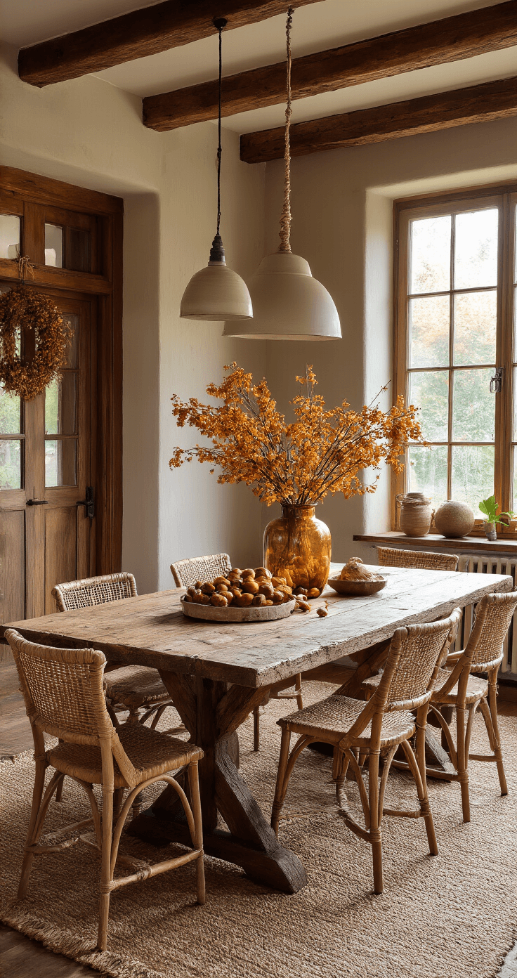 Rustieke eetkamer met herfstseizoensdecoraties, waaronder kastanjes en gedroogde bloemen aan houten balken, een lange gerecyclede houten tafel, rieten stoelen met linnen kussens in warme tinten, een glazen pot met dennenappels als middelpunt, macramé decoraties aan de vensterbank, en vintage koperen kandelaars, omgeven door warm, gouden licht van de late middagzon.
