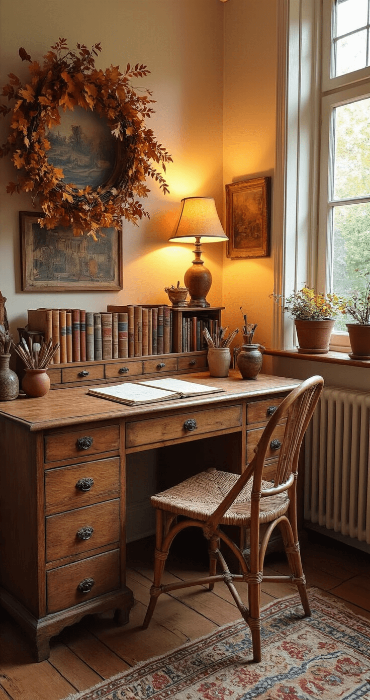Gezellige studeerkamer met handgemaakte herfstdecoraties, antiek bureau vol knutselspullen en schildermaterialen, kleurrijke bladeren tussen boekpagina's, warme gloed van een leeslamp, gevlochten stoel met plaid, boekenkasten vol natuurgidsen, aardse tinten en vintage details.