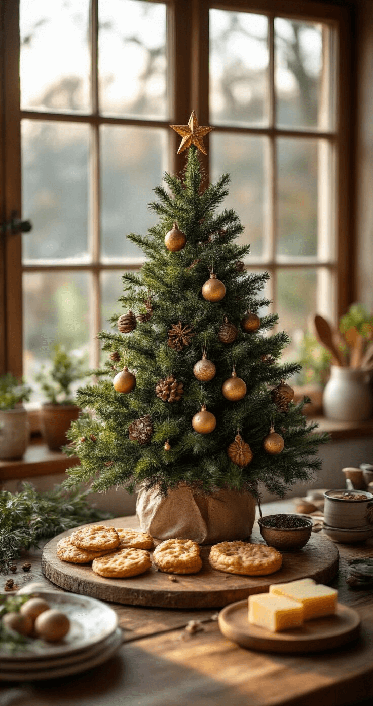 Hartige bladerdeeg kerstboom met tapenade op een rustiek houten aanrecht, verlicht door warm keukenlicht in het gouden uur, omringd door verse kruiden en ingrediënten, met smeedijzeren bakrekken en aardewerken schalen.