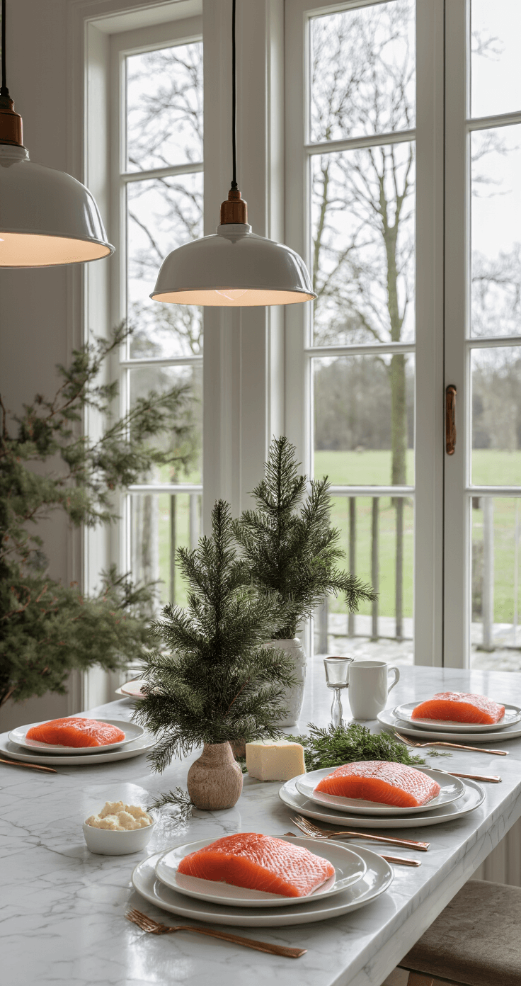 Moderne Nederlandse keuken met verse zalm kerstboompjes op elegante witte serviesborden, marmeren werkblad, koperen accenten, verse dille en roomkaas, gefotografeerd vanuit bovenaf met heldere natuurlijke belichting.
