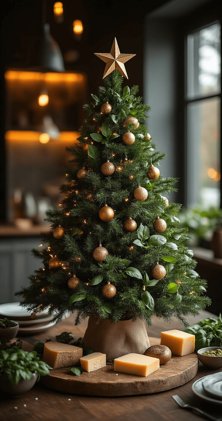Elegante kerstboom van pesto met Parmezaanse kaas op een donkere leisteen plank, omgeven door verse basilicum en olijfolie druppels, verlicht door warme hanglampen in een moderne Nederlandse eetkamer, met een luxe sfeer en rijke, donkergroene en gouden tinten.