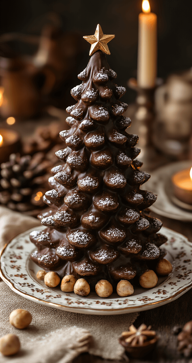 Een romantische setting met een chocolade hazelnoot kerstboom op een vintage aardewerk bord, omringd door traditionele Nederlandse keukens, koper pannen en houten lepels, bestrooid met poedersuiker, met warme bruine en gouden tinten in sfeervol kaarslicht.
