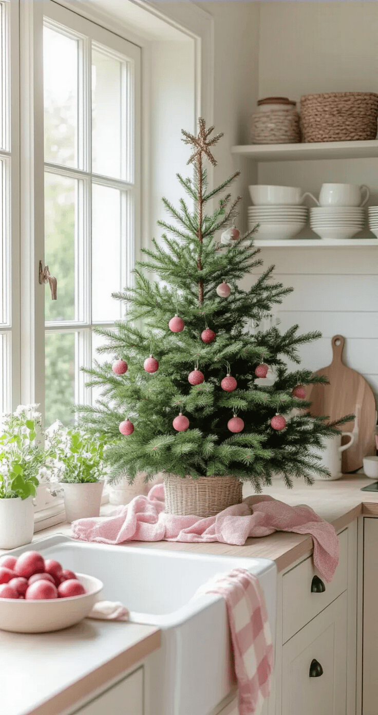 Framboos kerstboom op wit porselein in een zomerse lichte keuken met verse muntbladeren, grote ramen en pastel roze jam; Nederlandse cottage stijl met verse bloemen en linnen handdoeken, in frisse roze en groene kleuren, zachte natuurlijke belichting.