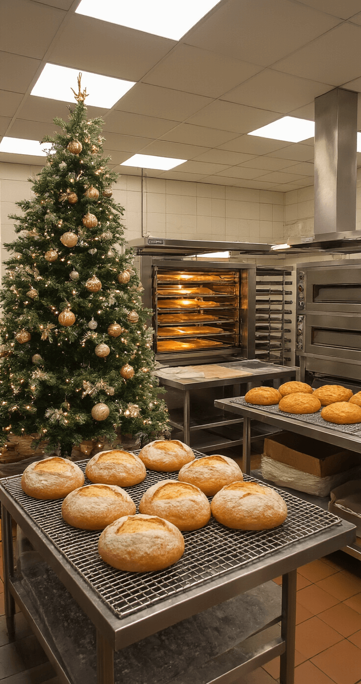 Professionele Nederlandse bakkerij met roestvrijstalen werkbladen, ovens, en kerstbomen op cooling racks, in een warme industriële sfeer.
