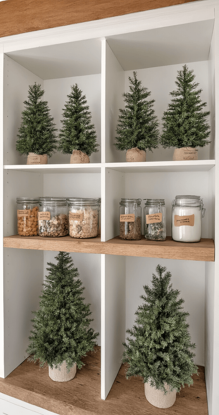 Moderne Nederlandse keuken met houten planken vol glazen containers met bladerdeeg kerstbomen. Koele ochtendverlichting, georganiseerd en praktisch met industrieel en vintage charme.