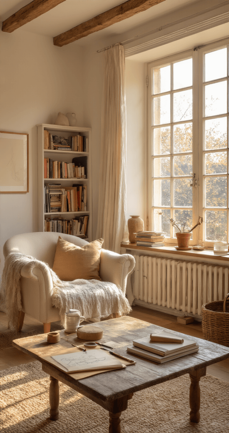 Een warm, uitnodigend kunstatelier met zachte ochtendzon, rustieke houten tafel met tekenblokken en potloden, crèmewitte muren met houten balken, een comfortabele beige fauteuil naast boekenkasten, warme amber tinten en een lage camerahoek die natuurlijke lichtinval en zachte schaduwen vangt.