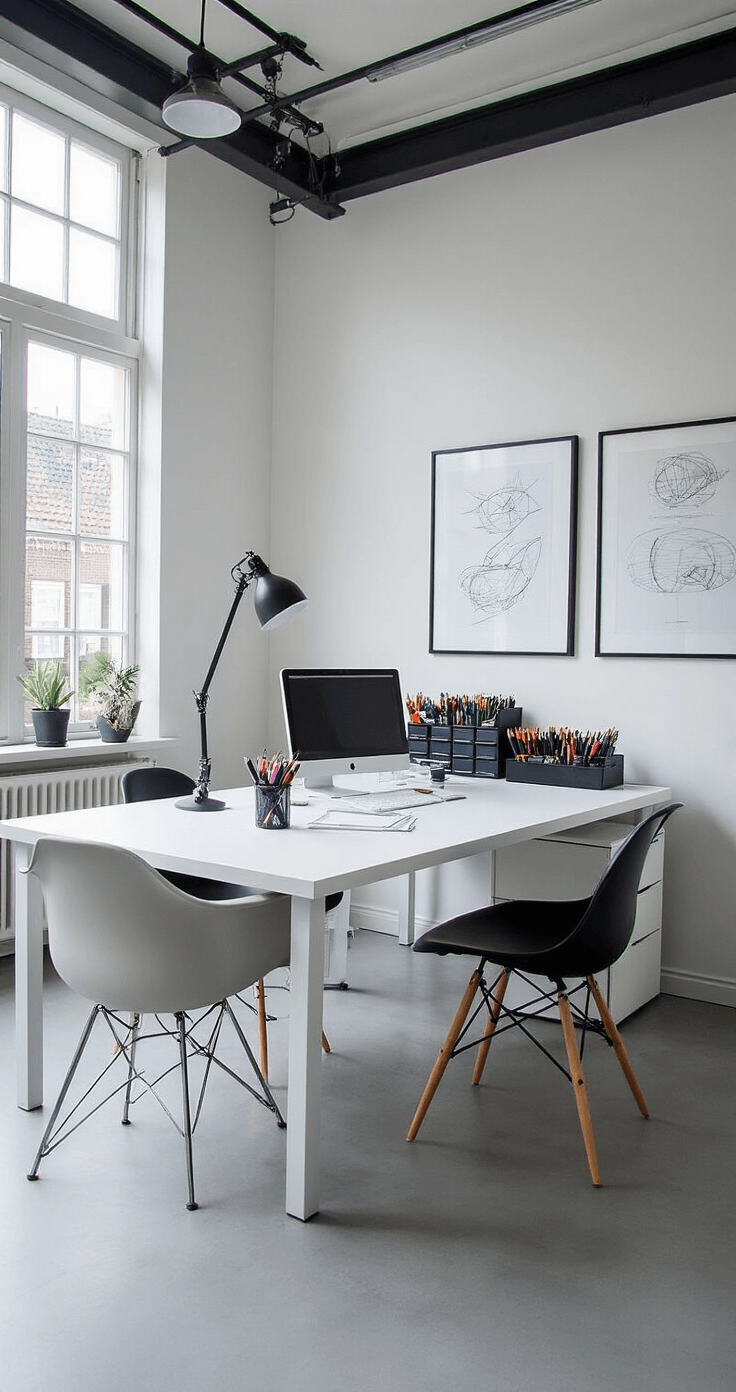 Moderne ontwerpstudio met industriële elementen, helder daglicht, een strakke witte bureau met netjes gerangschikte Copic markers, professionele tekeningen aan de muur, zwarte metalen stoelen, betonnen vloer met zachte grijze kleden, kleurpalet van wit, zwart en grijstinten met kleuraccenten van markers, heldere verlichting.