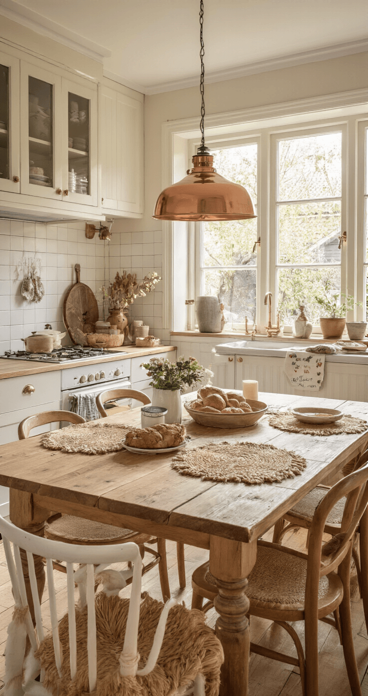 Gezellige familiekeukentafel met aluminiumfolie en permanente markers op rustiek eikenhout, in landelijke keuken met witte kasten en koperen details, warme tonen en gouden licht door raamgordijnen, kindertekeningen aan de koelkast en gehaakte placemats.