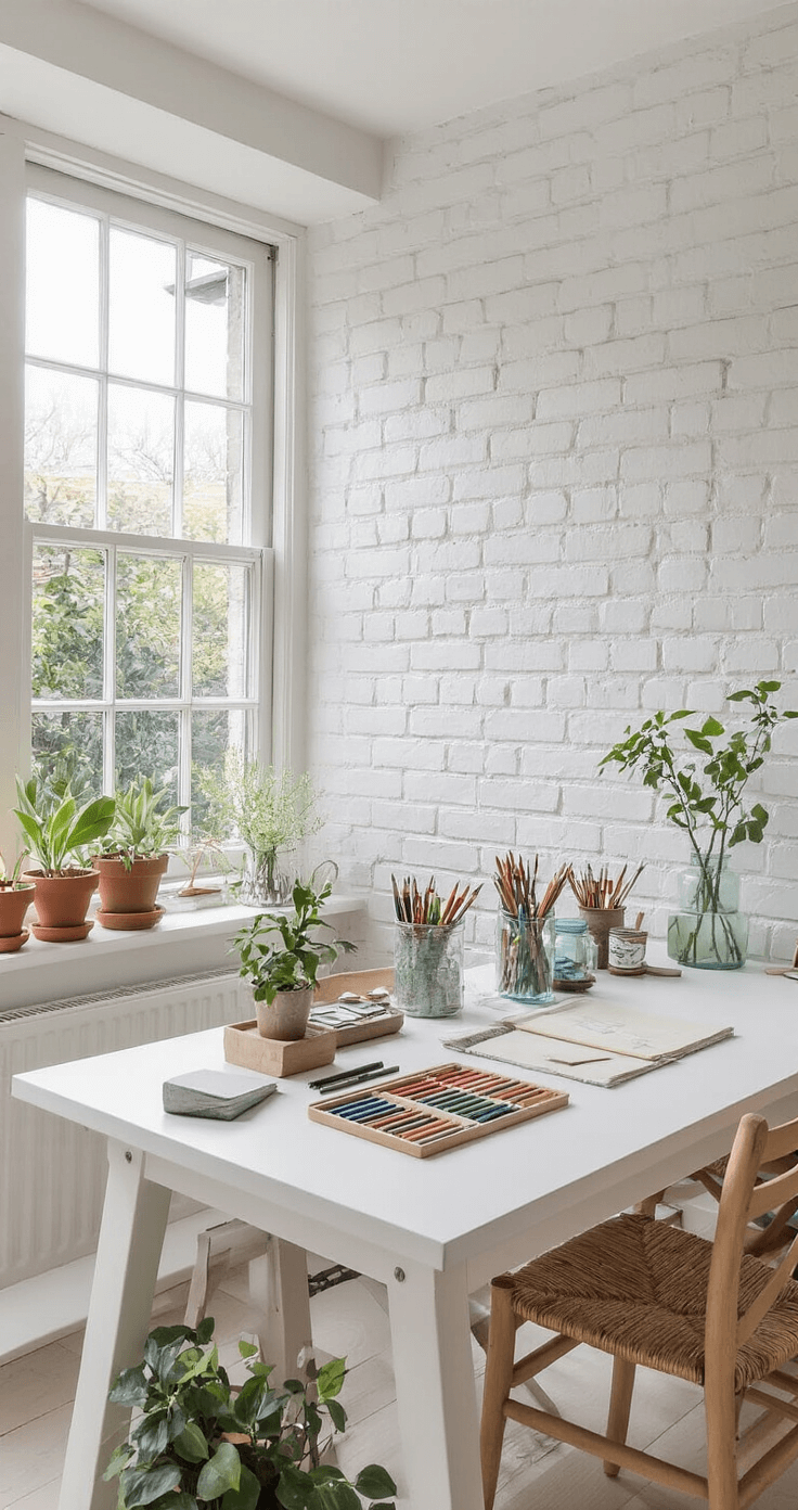 Lichte kunstkamer met Scandinavische invloeden, witte werkbank vol tekengereedschappen en kleurpotloden, berkenhouten meubels en mintgroene accenten, witte bakstenen muur, planten in terracotta potten, neutrale kleuren en zachte groene tinten.