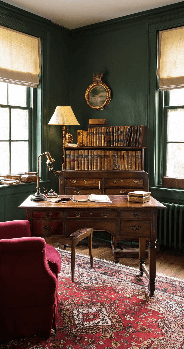 Romantische studeerkamer met donkere houten lambrisering, antiek mahonie bureau en vintage tekenspullen, verlicht door warm avondlicht.
