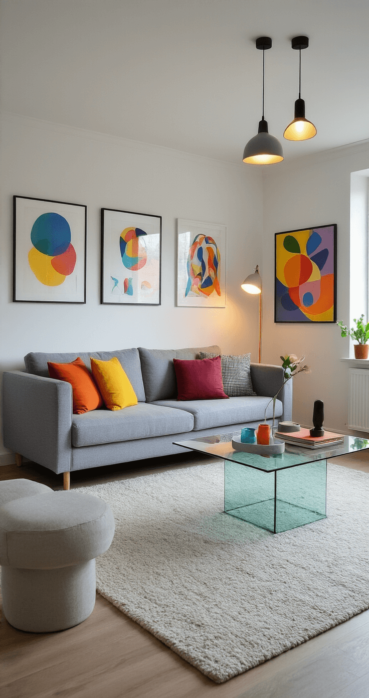 Eigentijdse woonkamer met moderne grijze bank, kleurrijke kussens, glazen salontafel met kunstbenodigdheden, witte muren met kunstwerken, betonnen vloer en zachte kleden, verlicht met hanglampen in warme tinten.