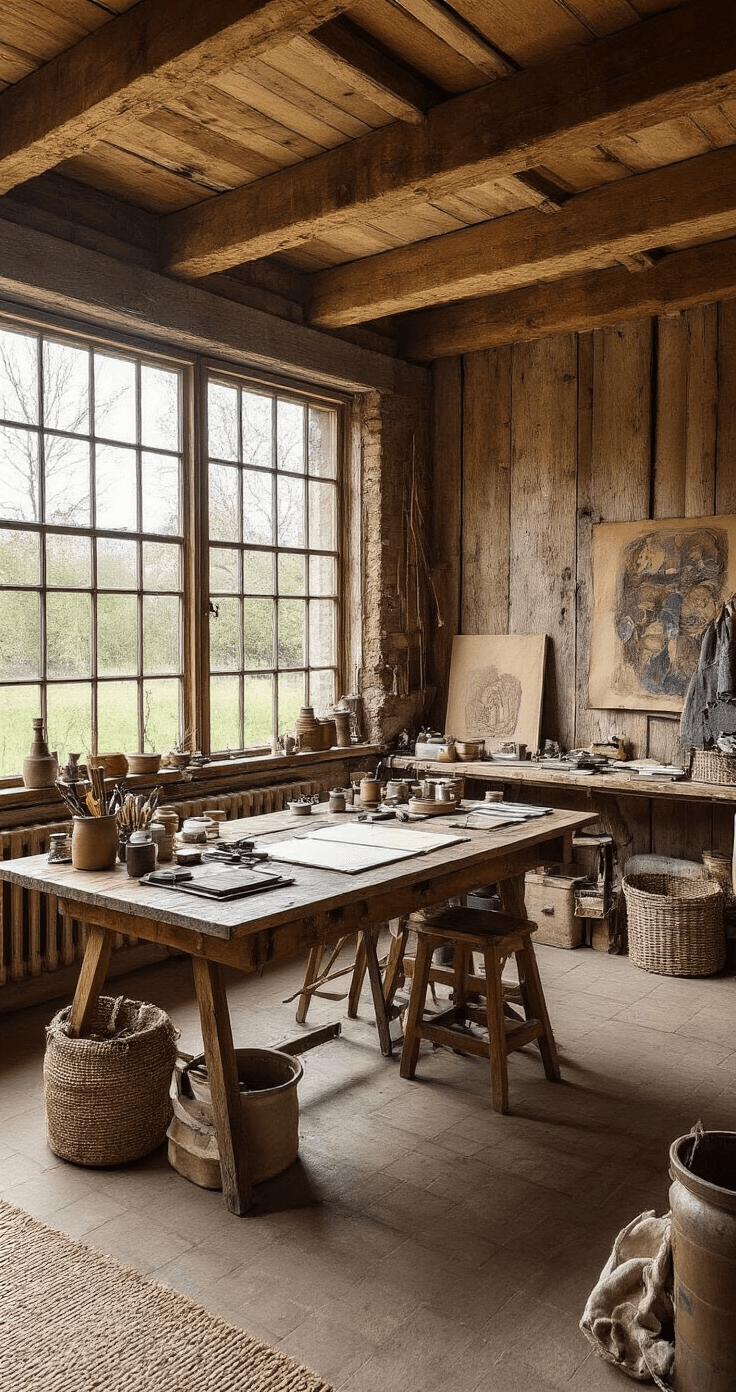 Rustieke kunstschuur met houten balken en grote ramen, verlichte werktafel met tekenmaterialen en vintage krukjes, aardse tinten en kunstwerken aan de wanden.