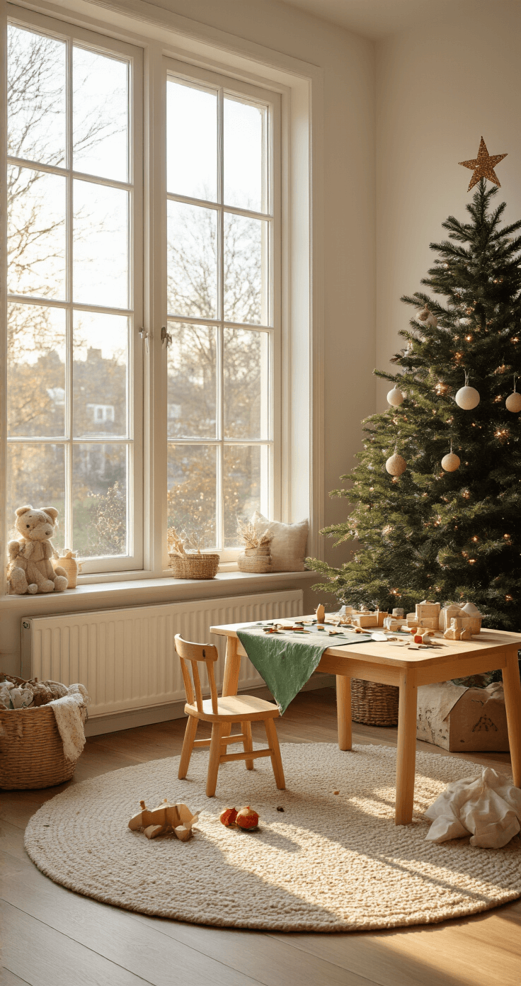 Een sfeervolle Nederlandse kinderkamer met warme wintermiddag zonlicht, een houten speeltafel vol knutselmaterialen en zelfgemaakte papieren vouwkerstbomen. De muren zijn crèmewit en de vloer is naturel hout, met een speelkleed. Kerstsfeer decoraties zijn zichtbaar op de achtergrond.