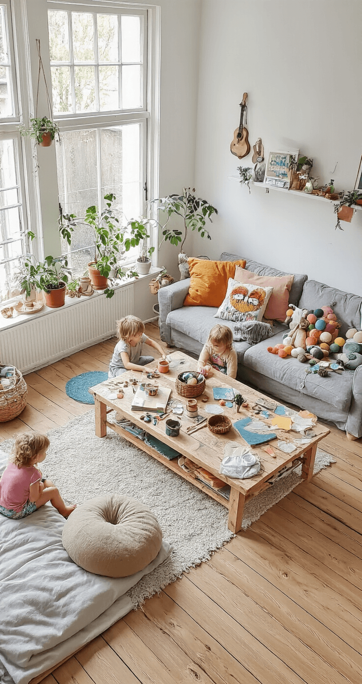 Bovenaanzicht van een Scandinavisch ingerichte woonkamer met een lage salontafel vol gerecyclede wc-rolletjes, groene plakkaatverf en pompons. Kinderen spelen op zachte vloerkussens in een ruimte met een witte bakstenen muur en eiken parketvloer, omringd door aardse kleuren en felle groene accenten.