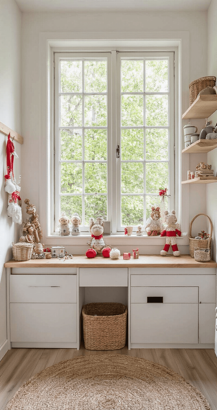 Lichte speelkamer met een grote werkbank, versierd met dennenappels en kinderlijmtubes, handgemaakte dennenappel-boompjes op de vensterbank, witte kasten en zachte grijze muren, allemaal verlicht door natuurlijk licht.