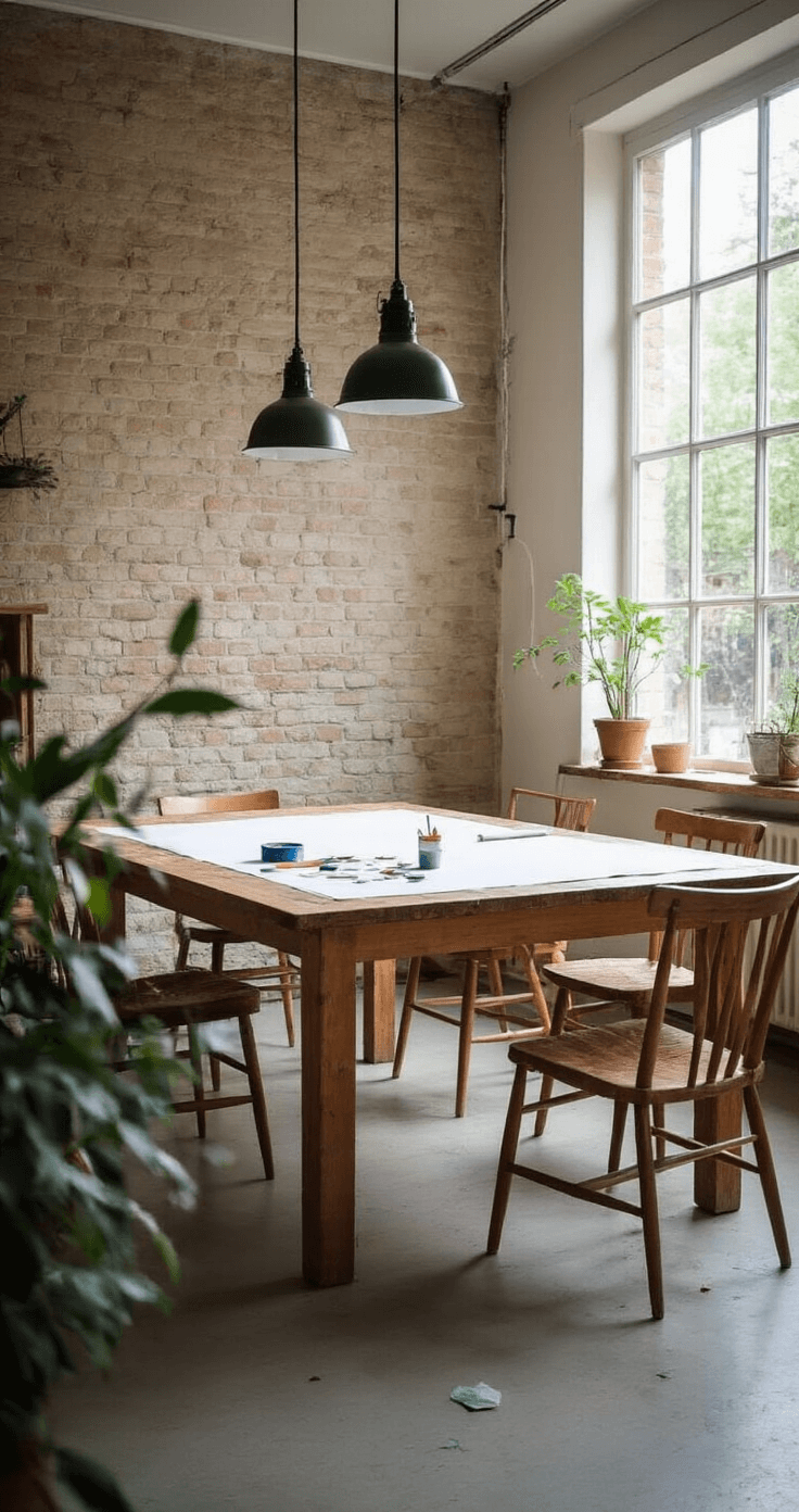 Moderne eetkamer omgevormd tot knutselstudio met een grote houten tafel bedekt met beschermfolie, groene verf en uitgerold wit papier. Kleine handafdrukken in verschillende stadia zijn zichtbaar. Boven de tafel hangen industriële lampen, terwijl de betonnen vloer en bakstenen accentmuur de ruimte kenmerken. Directe verlichting benadrukt de verfdetails, met een palette van groentinten tegen een neutrale achtergrond, gefotografeerd vanuit een zijkant.