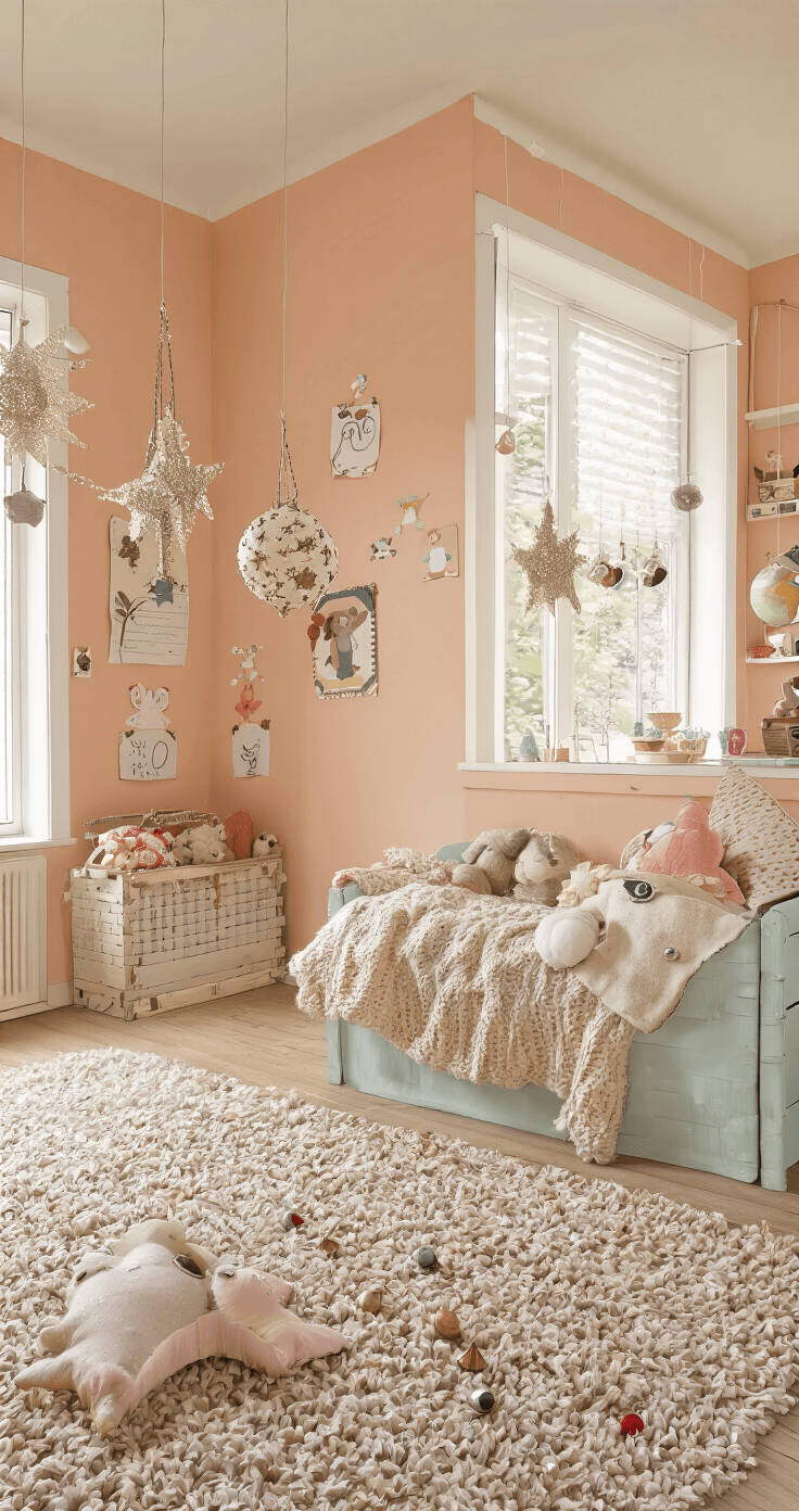 Knusse huiskamer met knutselprojecten, waaronder papierstroken bomen en glitters in namiddaglicht, vintage houten ladekast, perzikkleurige muren en kinderkunstwerken. Vastgelegd vanuit lage hoek met dromerige verlichting en pastelkleuren.