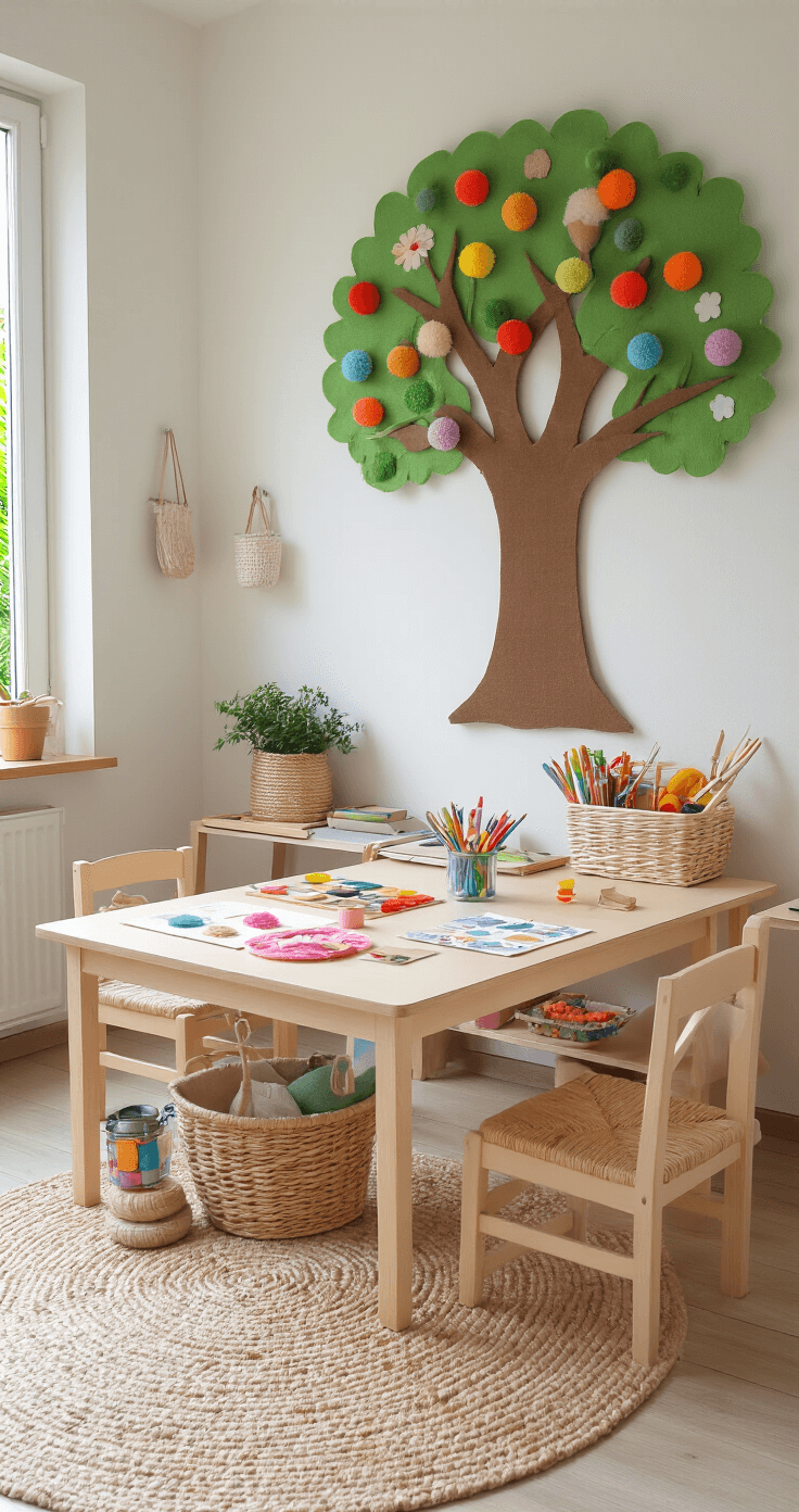 Mini-atelier met lage tafeltjes vol chenilledraad, stickers en gekleurde pompons, een groepsboom aan de muur, ingericht in Montessori-stijl met natuurlijke materialen en veel bergruimte, verlicht door zacht ochtendlicht.