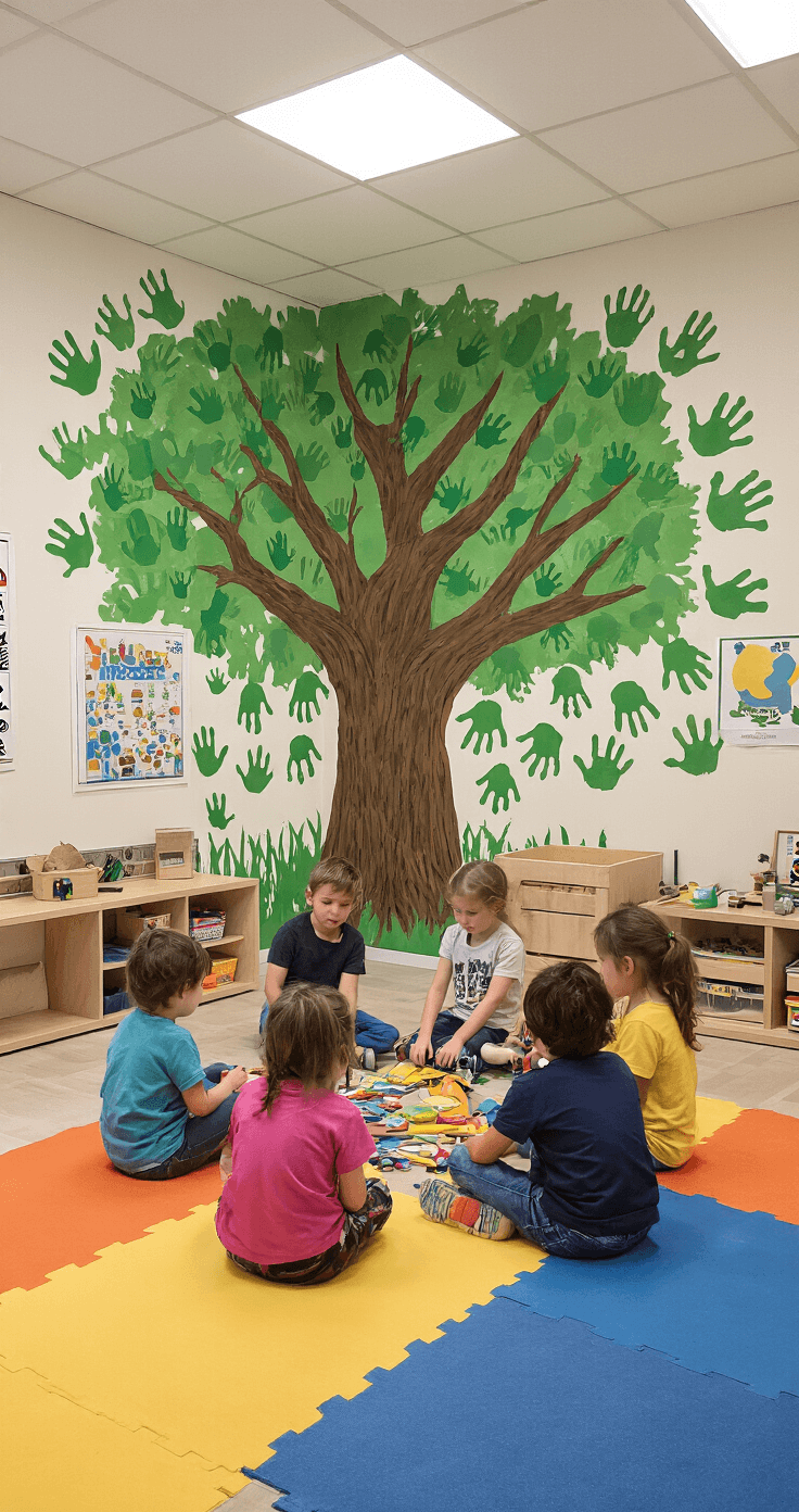 Speelruimte in een dagverblijf tijdens een groepsactiviteit met kinderen in een kring. Een grote wandboom van groene handafdrukken siert de muur. Kleurrijke vloermat en lichte houten meubels zijn aanwezig, evenals educatieve posters. Het geheel wordt verlicht door fluorescerende plafondverlichting en natuurlijk licht, en de camera toont een overzicht vanuit de hoek.
